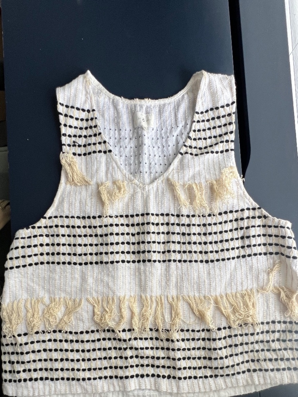 Lou & Grey Woven Fringe Stripe Sleeveless Top – Ivory/Black
